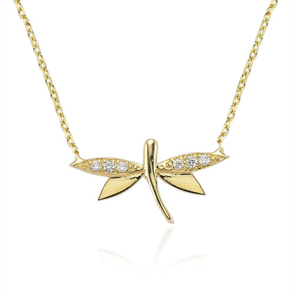 Glorria 14k Solid Gold Pave Dragonfly Necklace