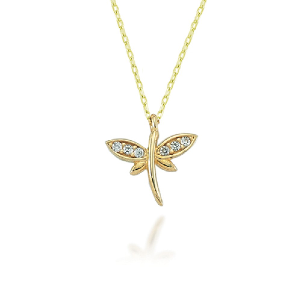 Glorria 14k Solid Gold Pave Dragonfly Necklace
