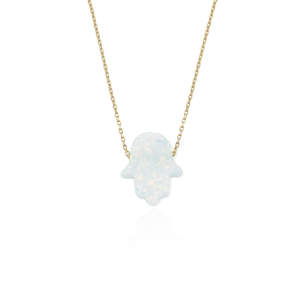 Glorria 14k Solid Gold Opal Pave Hamsa Hands Necklace