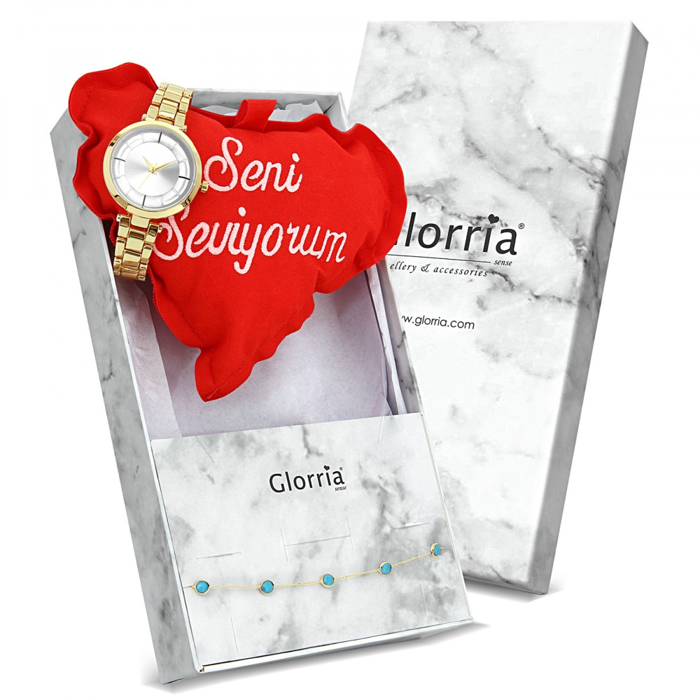 Glorria 14k Solid Gold Turquoise Bracelet, Watch Gift Set