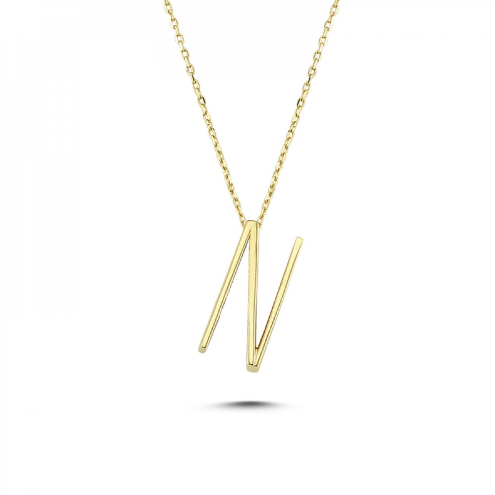 Glorria 14k Solid Gold 3D N Letter Necklace