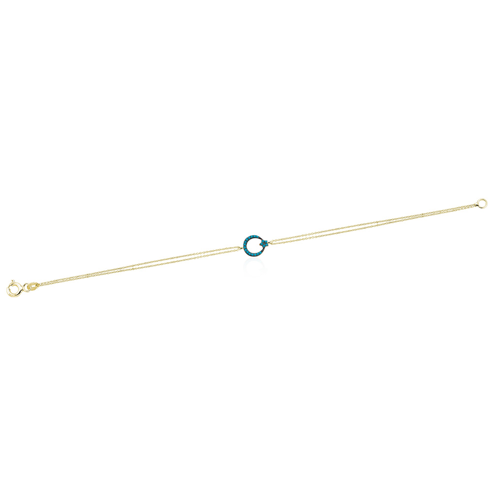 Glorria 14k Solid Gold Turquoise Pave Moon Stars Bracelet