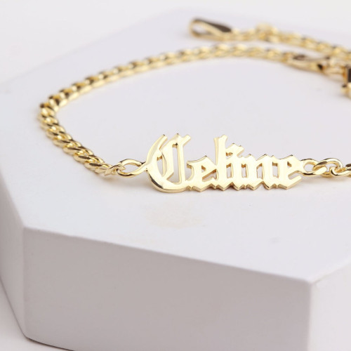 Glorria 925k Sterling Silver Personalized Gothic Name Bracelet with Curb Chain