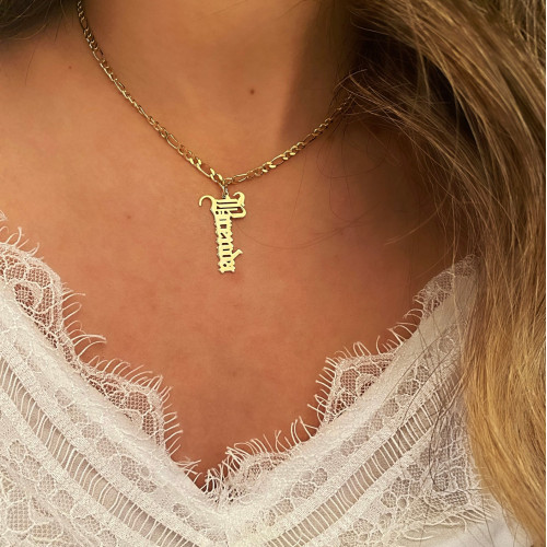 Glorria 925k Sterling Silver Personalized Gothic Letter Necklace with Figaro Chain Glorria 925k Sterling Silver Personalized Gothic Letter Necklace with Figaro Chain