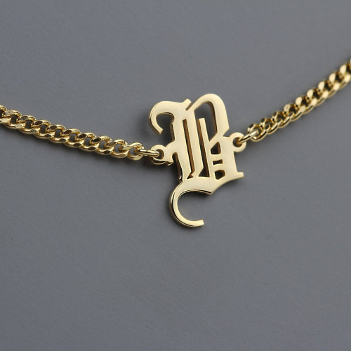 Glorria 925k Sterling Silver Personalized Gothic Letter Bracelet with Curb Chain