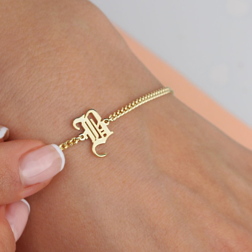 Glorria 925k Sterling Silver Personalized Gothic Letter Bracelet with Curb Chain