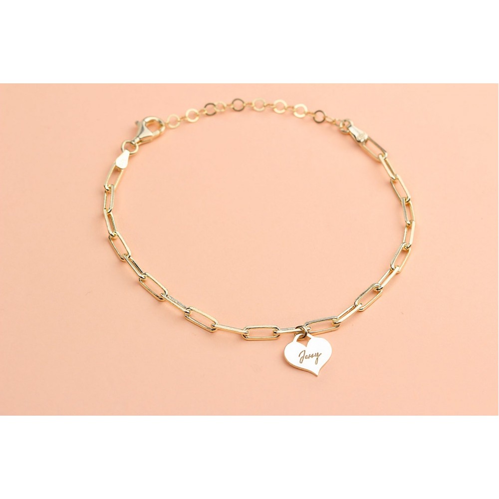 Glorria 925k Sterling Silver Personalized Heart Bracelet with Paperclip Chain