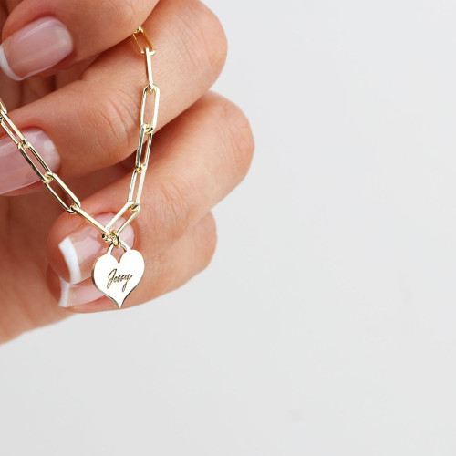 Glorria 925k Sterling Silver Personalized Heart Bracelet with Paperclip Chain