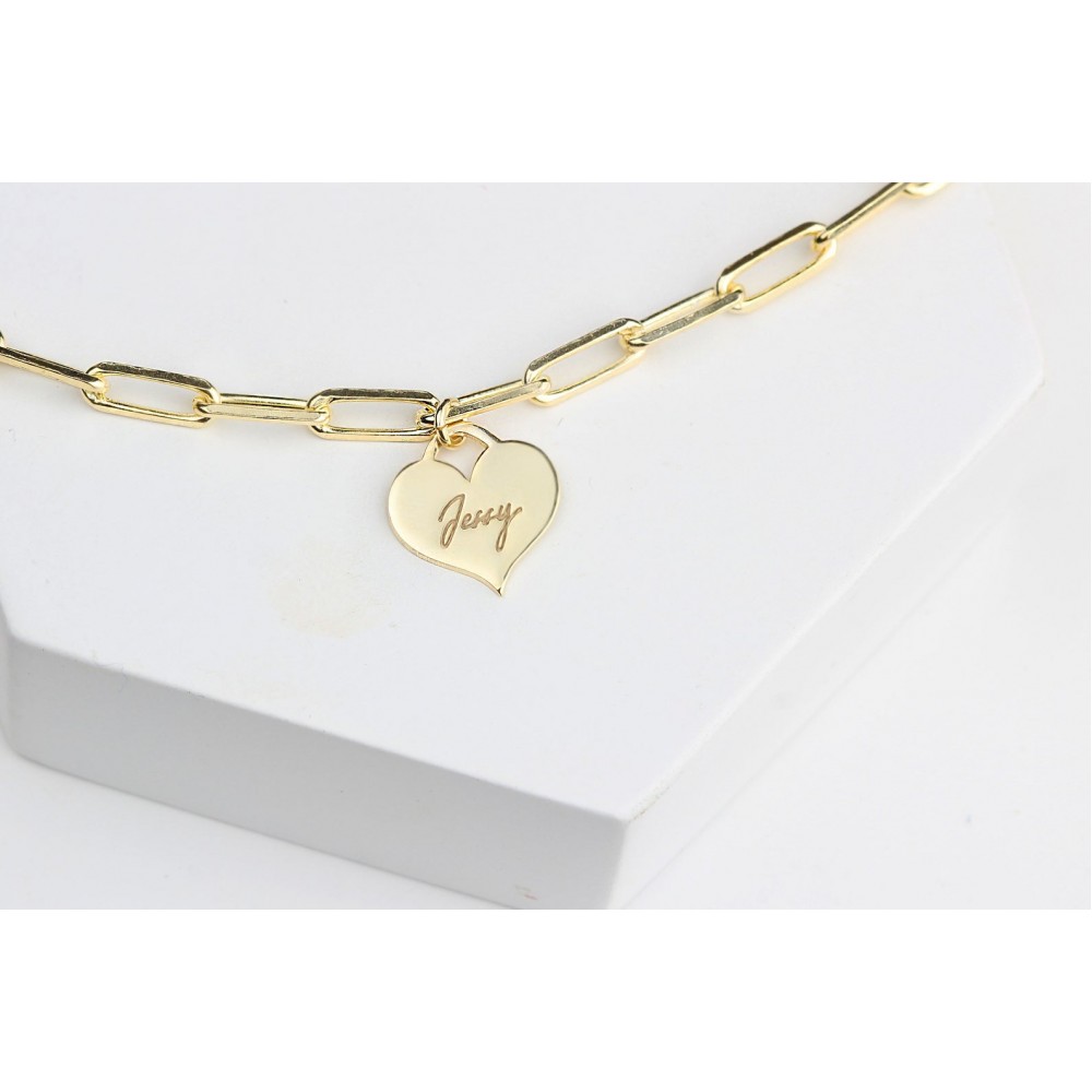 Glorria 925k Sterling Silver Personalized Heart Bracelet with Paperclip Chain