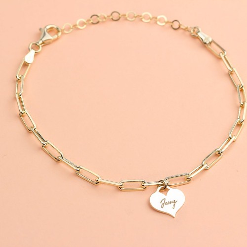 Glorria 925k Sterling Silver Personalized Heart Bracelet with Paperclip Chain