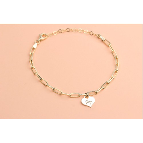 Glorria 925k Sterling Silver Personalized Heart Bracelet with Paperclip Chain