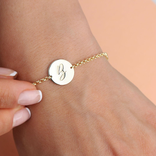 Glorria 925k Sterling Silver Personalized Circle Letter Bracelet with Doc Chain