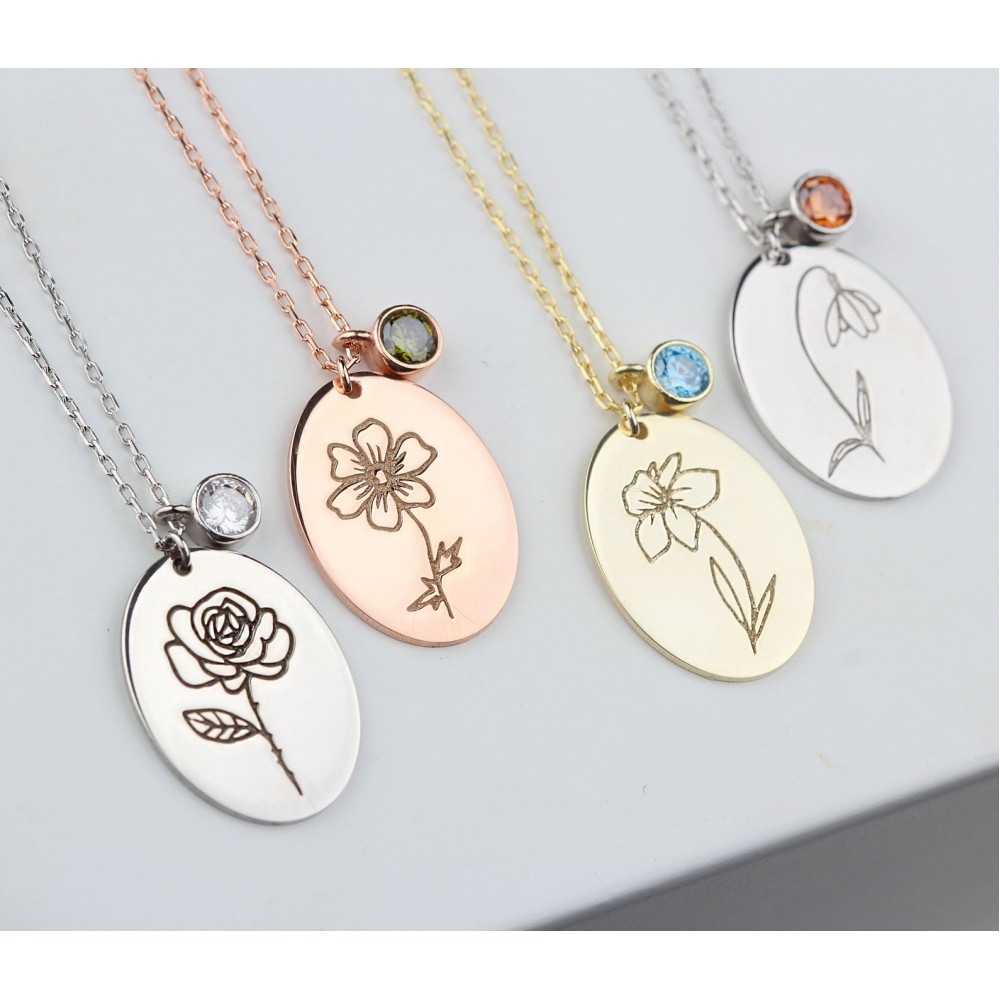 Glorria 925k Sterling Silver Personalized Birth Flower and Birthstone Necklace