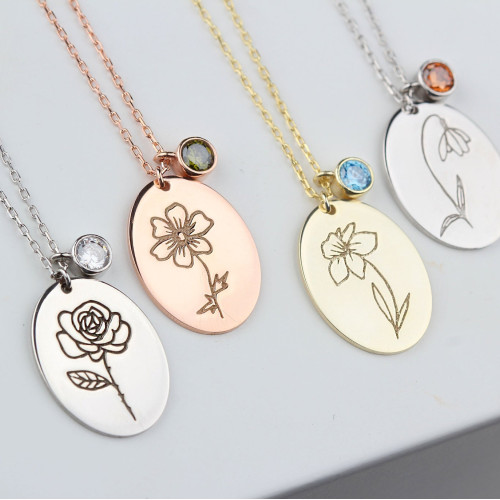 Glorria 925k Sterling Silver Personalized Birth Flower and Birthstone Necklace Glorria 925k Sterling Silver Personalized Birth Flower and Birthstone Necklace