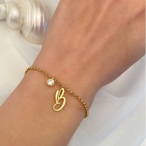 Glorria 925k Sterling Silver Personalized Initial Bracelet with Birthstone