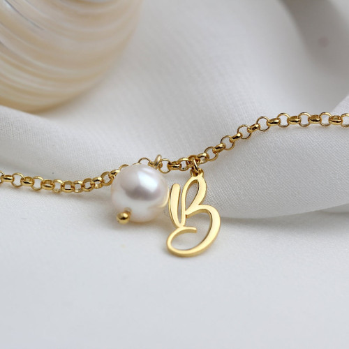 Glorria 925k Sterling Silver Personalized Initial Pearl Bracelet