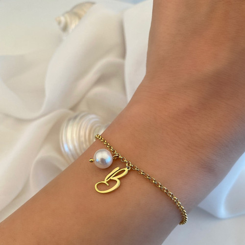 Glorria 925k Sterling Silver Personalized Initial Pearl Bracelet