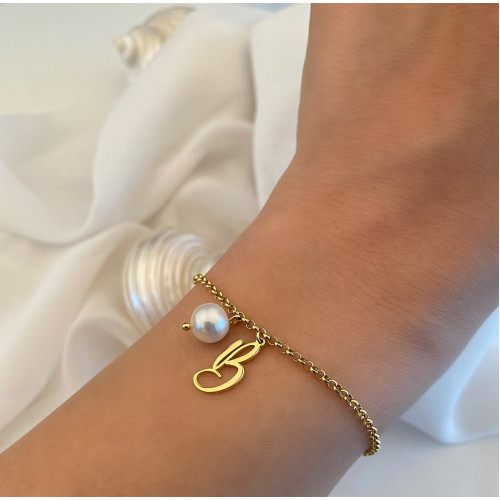 Glorria 925k Sterling Silver Personalized Initial Pearl Bracelet