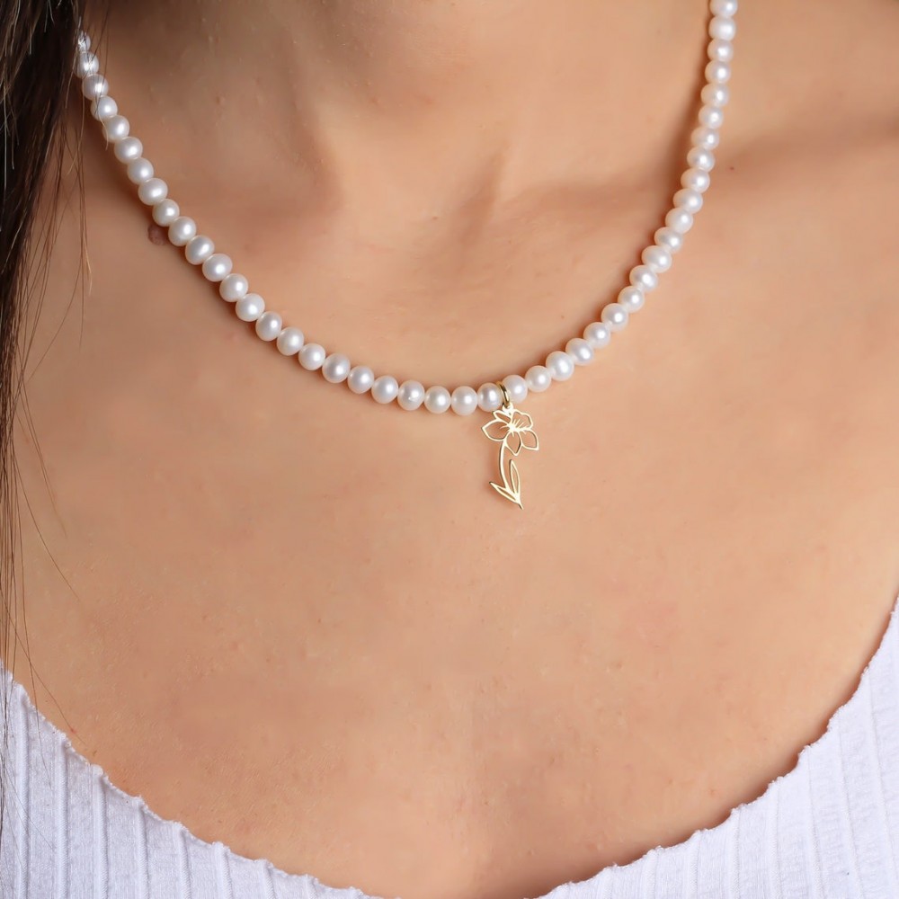 Glorria 925k Sterling Silver Personalized Birth Flower Pearl Necklace