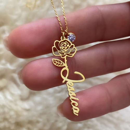 Glorria 925k Sterling Silver Personalized Name Birth Flower and Birthstone Sterling Silver Necklace Glorria 925k Sterling Silver Personalized Name Birth Flower and Birthstone Sterling Silver Necklace