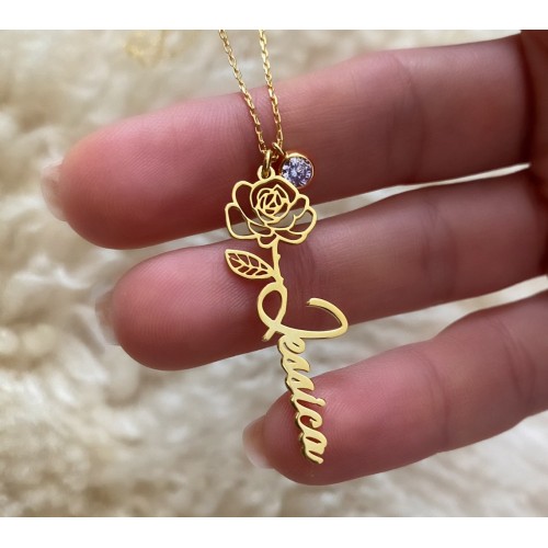 Glorria 925k Sterling Silver Personalized Name Birth Flower and Birthstone Sterling Silver Necklace Glorria 925k Sterling Silver Personalized Name Birth Flower and Birthstone Sterling Silver Necklace