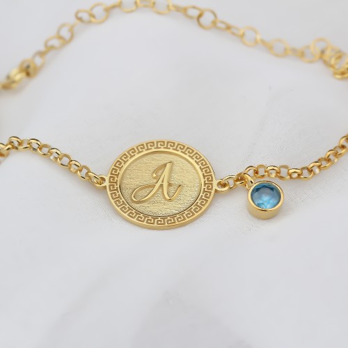 Glorria 925k Sterling Silver Personalized Sterling Silver Birth Stone Plate Letter Bracelet