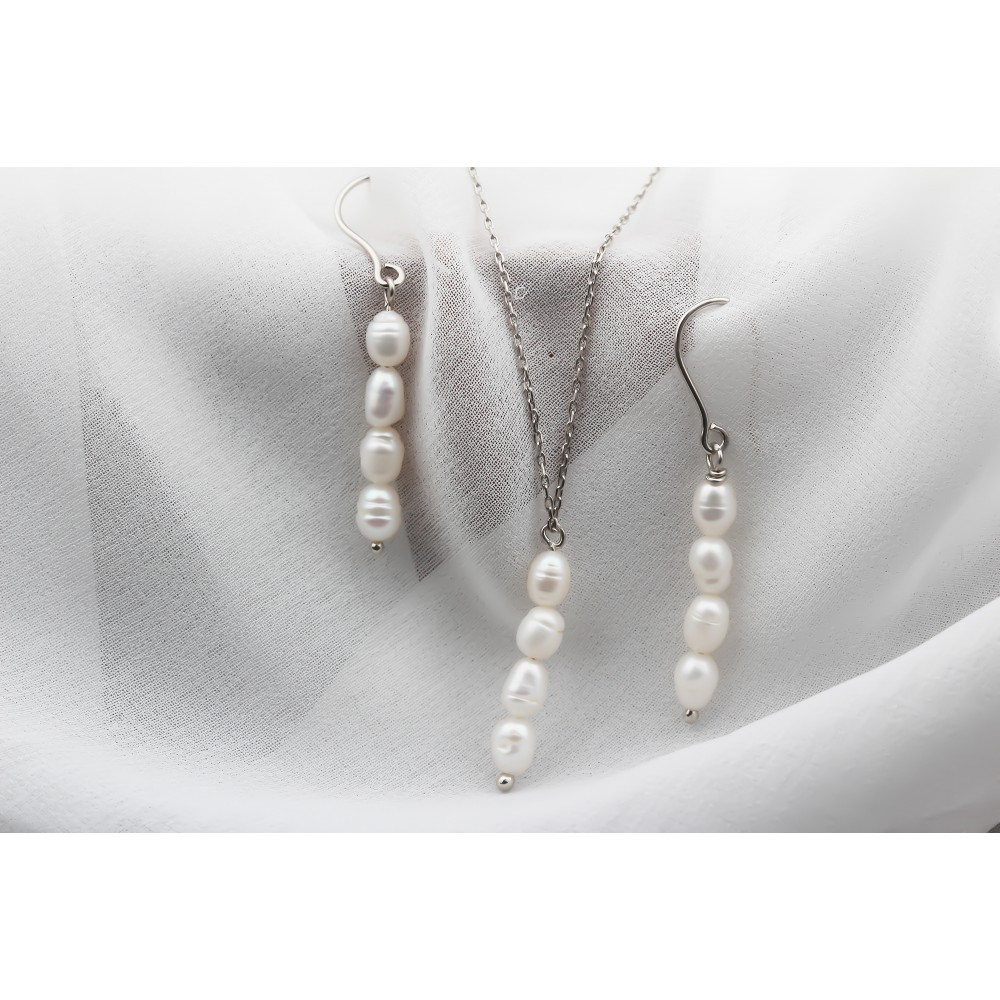 Glorria 925k Sterling Silver Necklace and Earrings Pearl Set