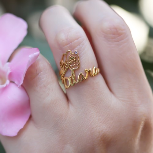 Glorria 925k Sterling Silver Personalized Name And Birth Flower Ring