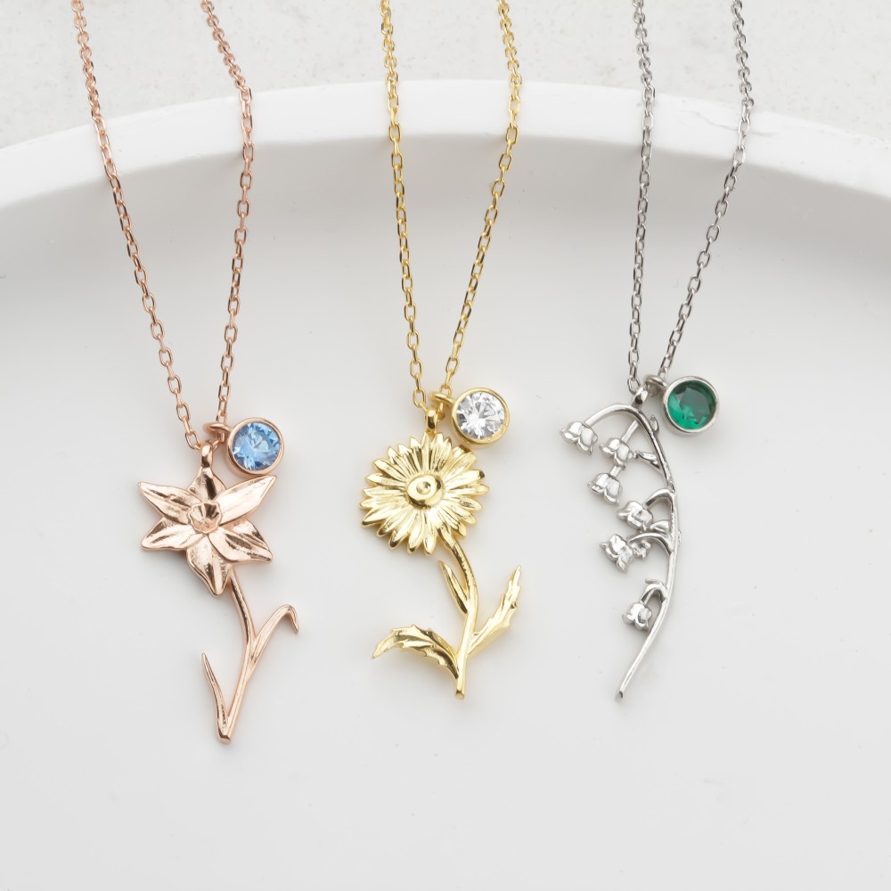 Glorria 925k Sterling Silver Personalized Birth Flower and Birthstone Necklace Glorria 925k Sterling Silver Personalized Birth Flower and Birthstone Necklace