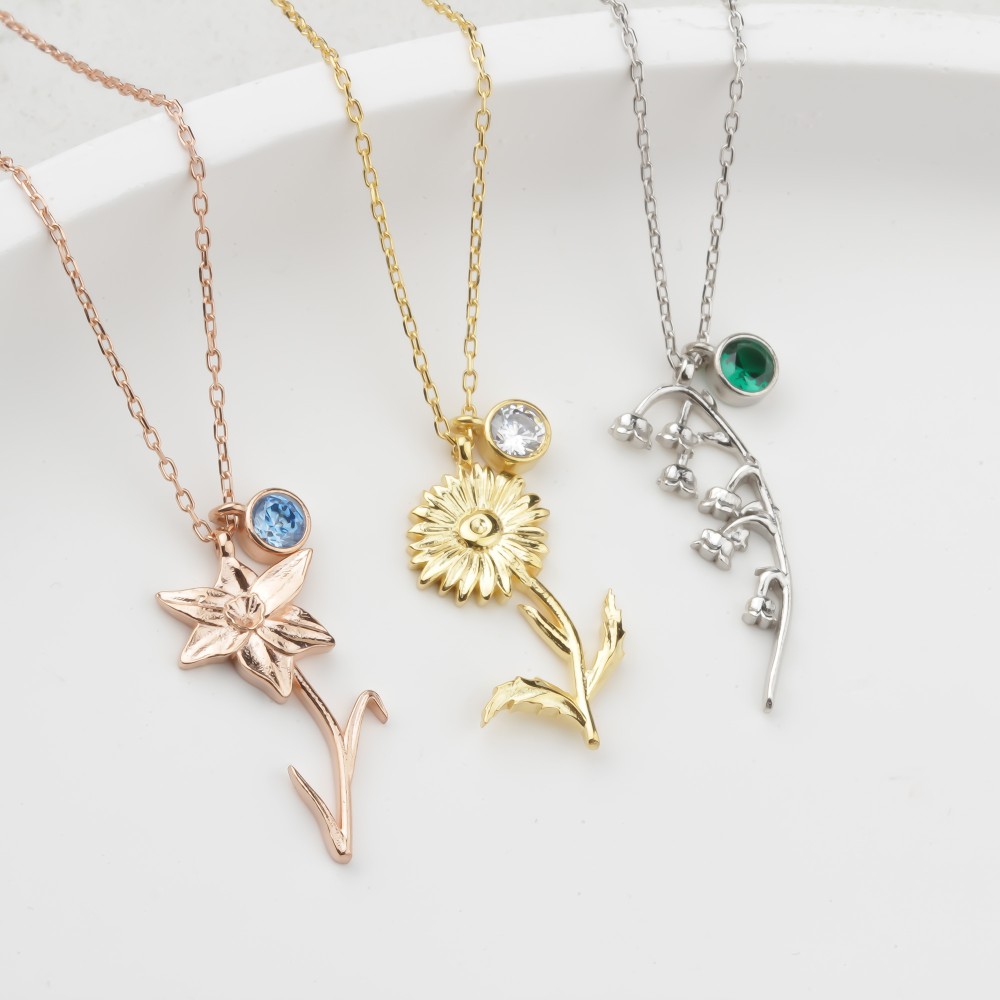 Glorria 925k Sterling Silver Personalized Birth Flower and Birthstone Necklace Glorria 925k Sterling Silver Personalized Birth Flower and Birthstone Necklace