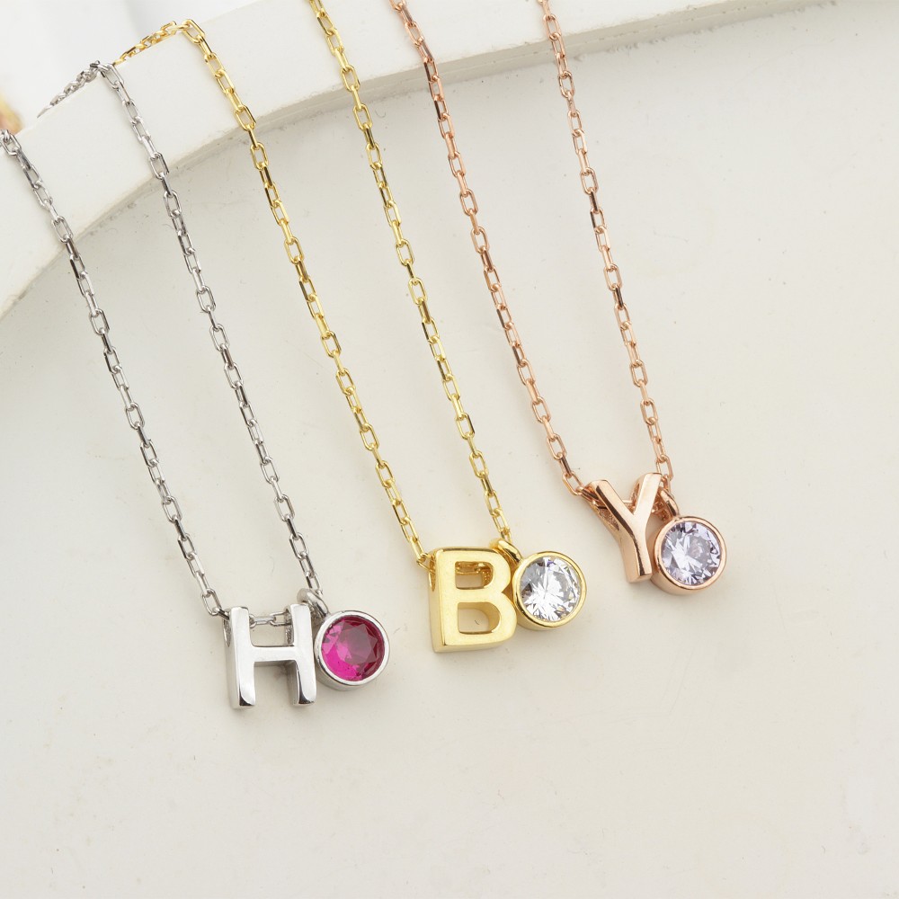 Glorria 925k Sterling Silver Personalized Birthstone Letter Silver Necklace Glorria 925k Sterling Silver Personalized Birthstone Letter Silver Necklace