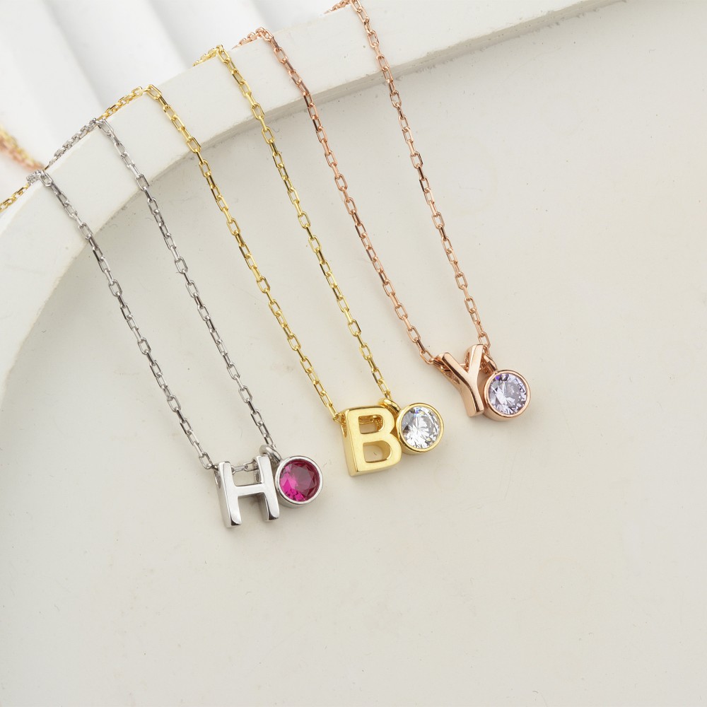 Glorria 925k Sterling Silver Personalized Birthstone Letter Silver Necklace Glorria 925k Sterling Silver Personalized Birthstone Letter Silver Necklace
