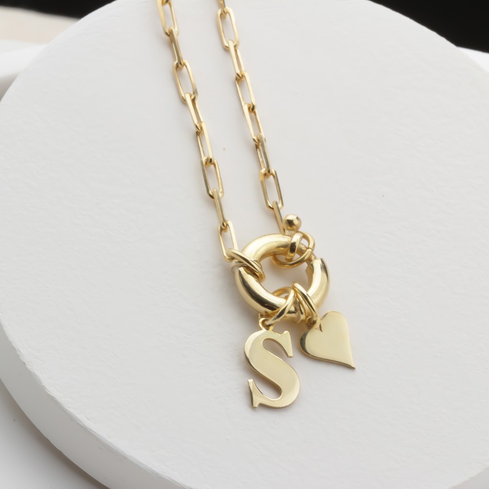 Glorria 925k Sterling Silver Personalized Letter Charm Bagel Lock Paperclip Necklace Glorria 925k Sterling Silver Personalized Letter Charm Bagel Lock Paperclip Necklace