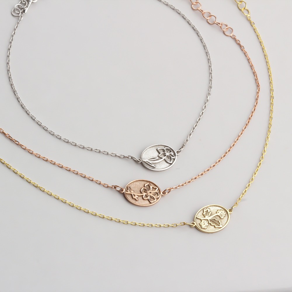 Glorria 925k Sterling Silver Personalized Birth Flower Bracelet Glorria 925k Sterling Silver Personalized Birth Flower Bracelet