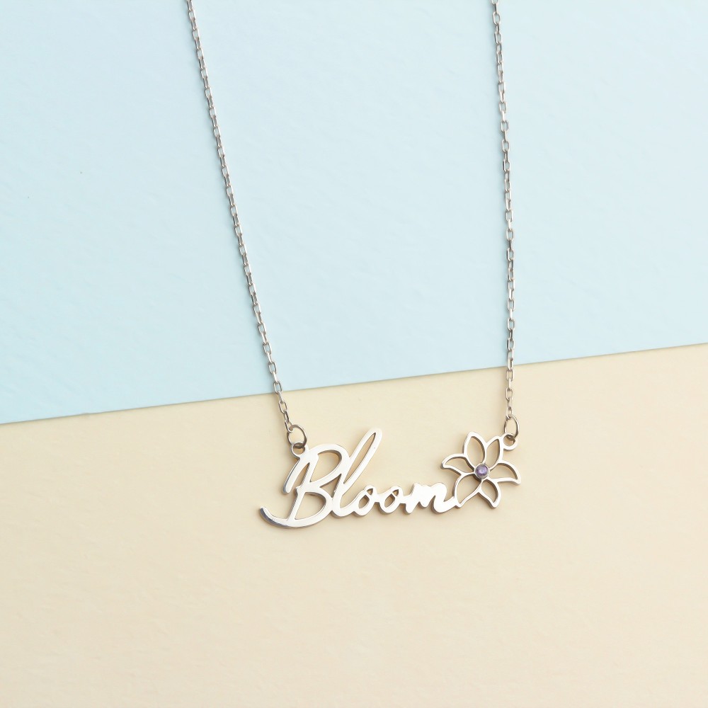 Glorria 925k Sterling Silver Personalized Name Birth Flower and Birthstone Necklace Glorria 925k Sterling Silver Personalized Name Birth Flower and Birthstone Necklace