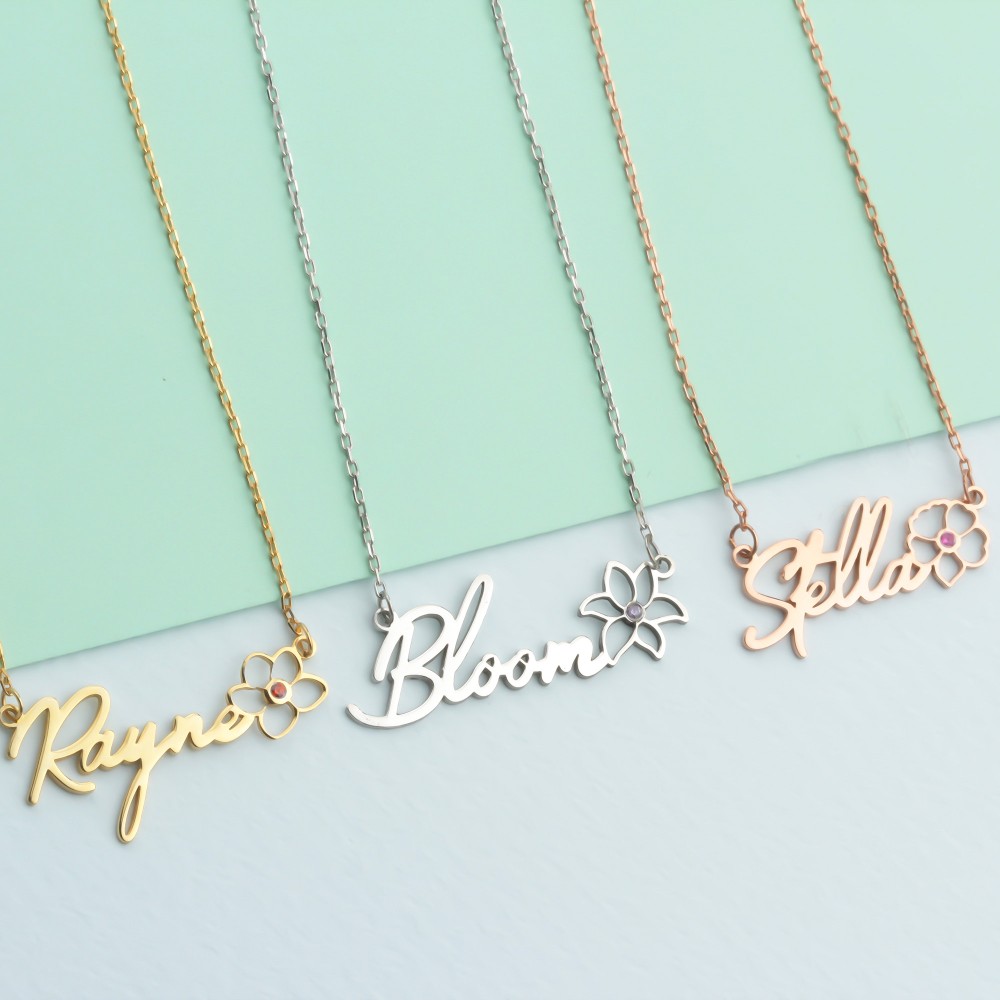 Glorria 925k Sterling Silver Personalized Name Birth Flower and Birthstone Necklace Glorria 925k Sterling Silver Personalized Name Birth Flower and Birthstone Necklace