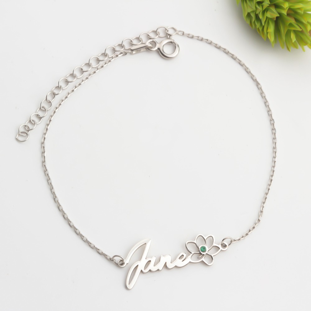 Glorria 925k Sterling Silver Personalized Name Birth Flower and Birthstone Bracelet Glorria 925k Sterling Silver Personalized Name Birth Flower and Birthstone Bracelet