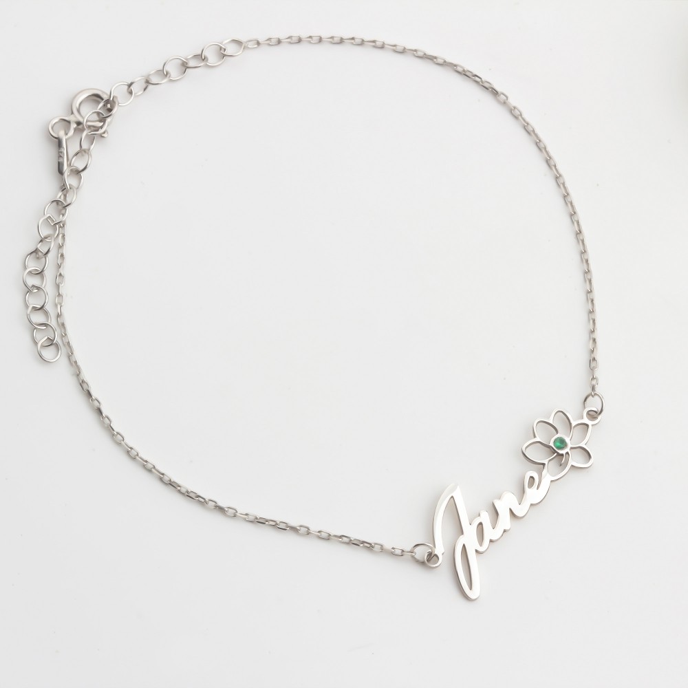 Glorria 925k Sterling Silver Personalized Name Birth Flower and Birthstone Bracelet Glorria 925k Sterling Silver Personalized Name Birth Flower and Birthstone Bracelet