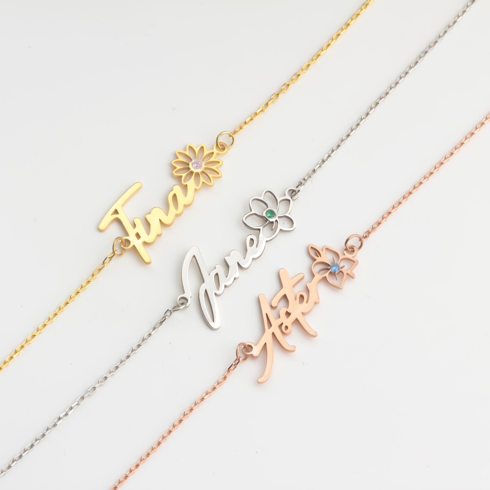 Glorria 925k Sterling Silver Personalized Name Birth Flower and Birthstone Bracelet Glorria 925k Sterling Silver Personalized Name Birth Flower and Birthstone Bracelet