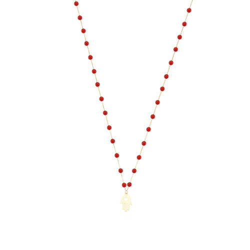 Glorria 14k Solid Gold Coral Rows Pave Hamsa Necklace Glorria 14k Solid Gold Coral Rows Pave Hamsa Necklace