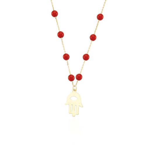 Glorria 14k Solid Gold Coral Rows Pave Hamsa Necklace Glorria 14k Solid Gold Coral Rows Pave Hamsa Necklace