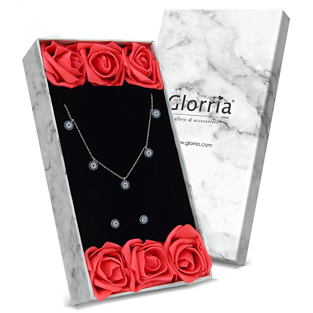 Glorria 925k Sterling Silver Evil Eye Necklace, Earrings, Flower Gift Set