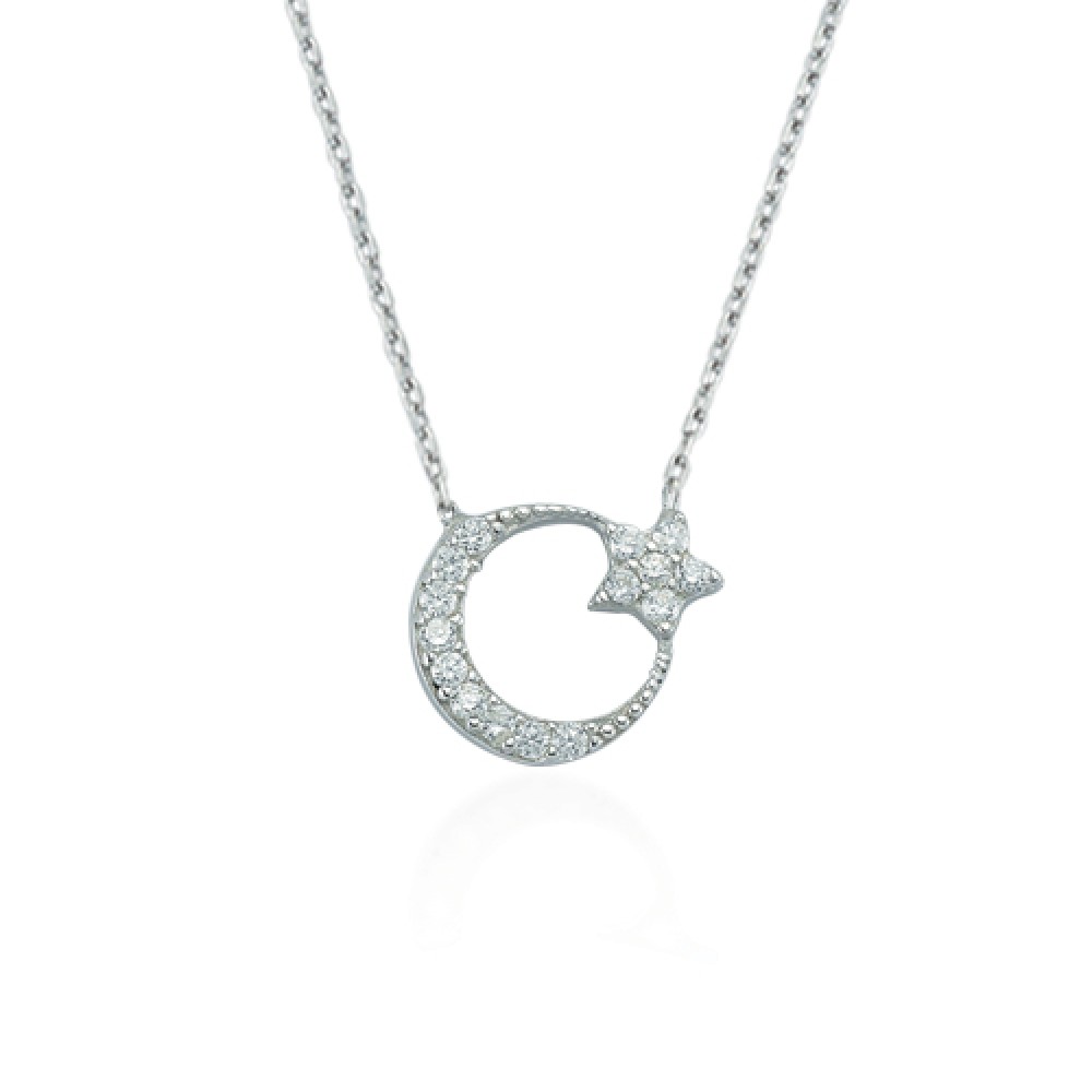 Glorria 925k Sterling Silver Crescent And Star Necklace