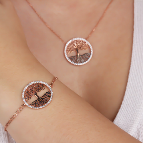 Glorria 925k Sterling Silver Tree of Life Necklace, Bracelet, Flower Gift Set