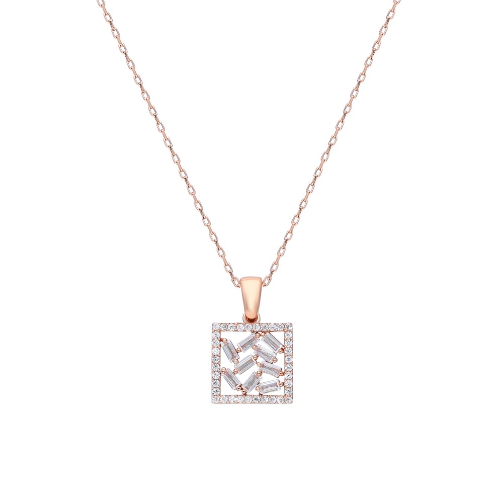 Glorria 925k Sterling Silver Baget Pave Necklace