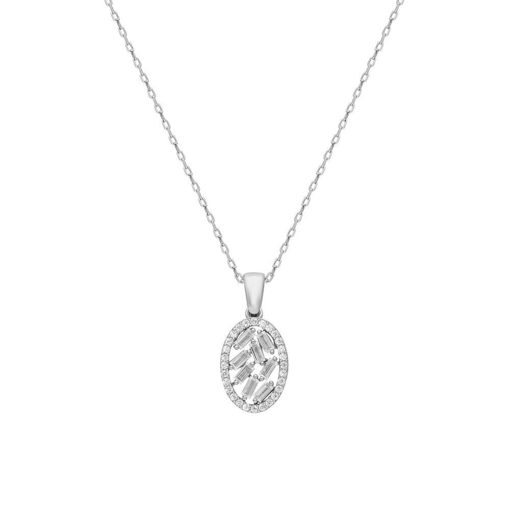 Glorria 925k Sterling Silver Baget Pave Oval Necklace