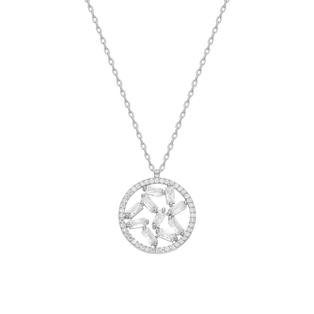 Glorria 925k Sterling Silver Baget Pave Round Necklace