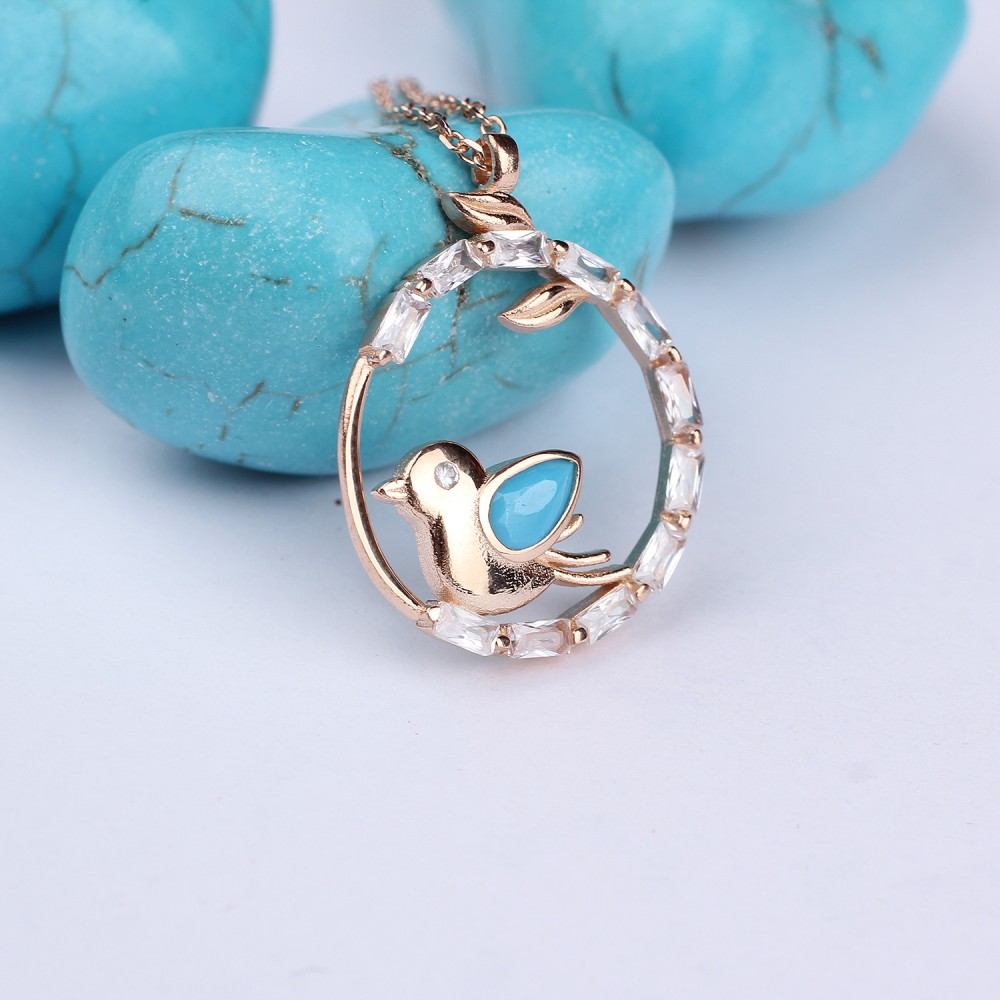 Glorria 925k Sterling Silver Turquoise Pave Bird Necklace