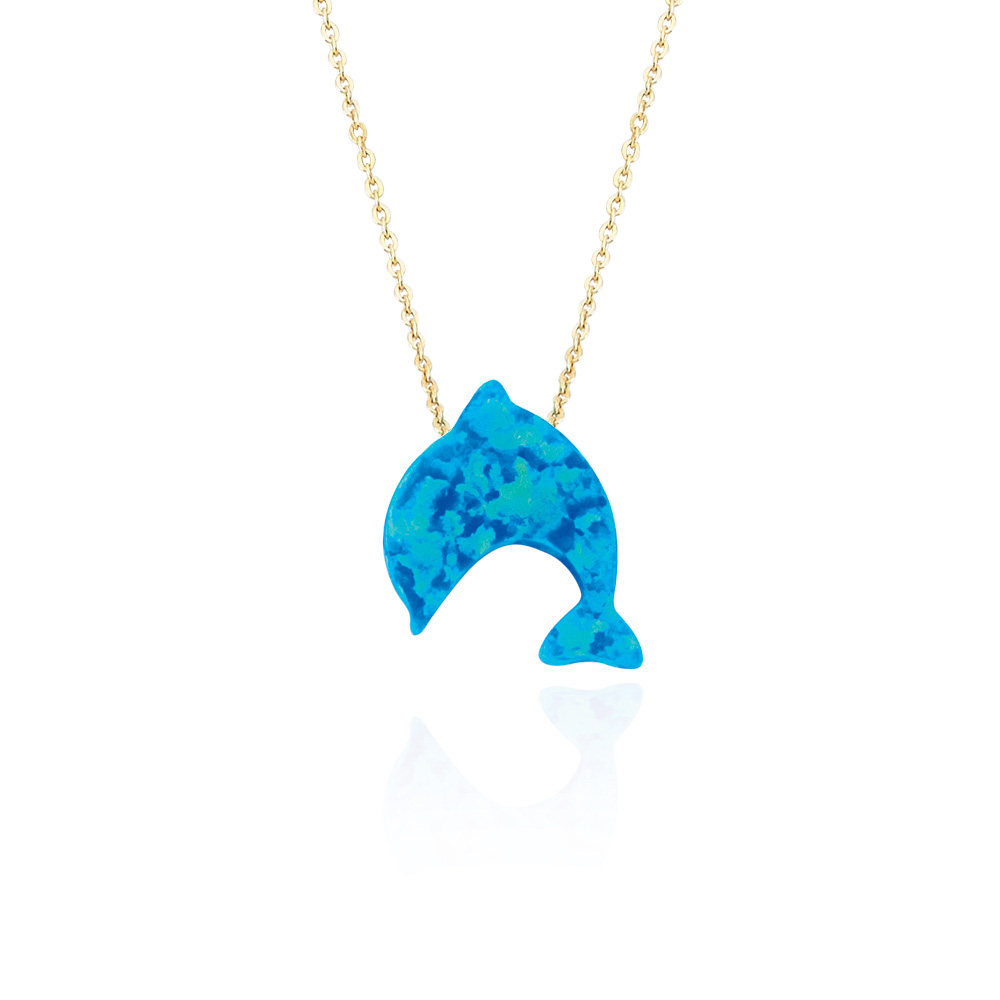 Glorria 14k Solid Gold Opal Dolphin Necklace