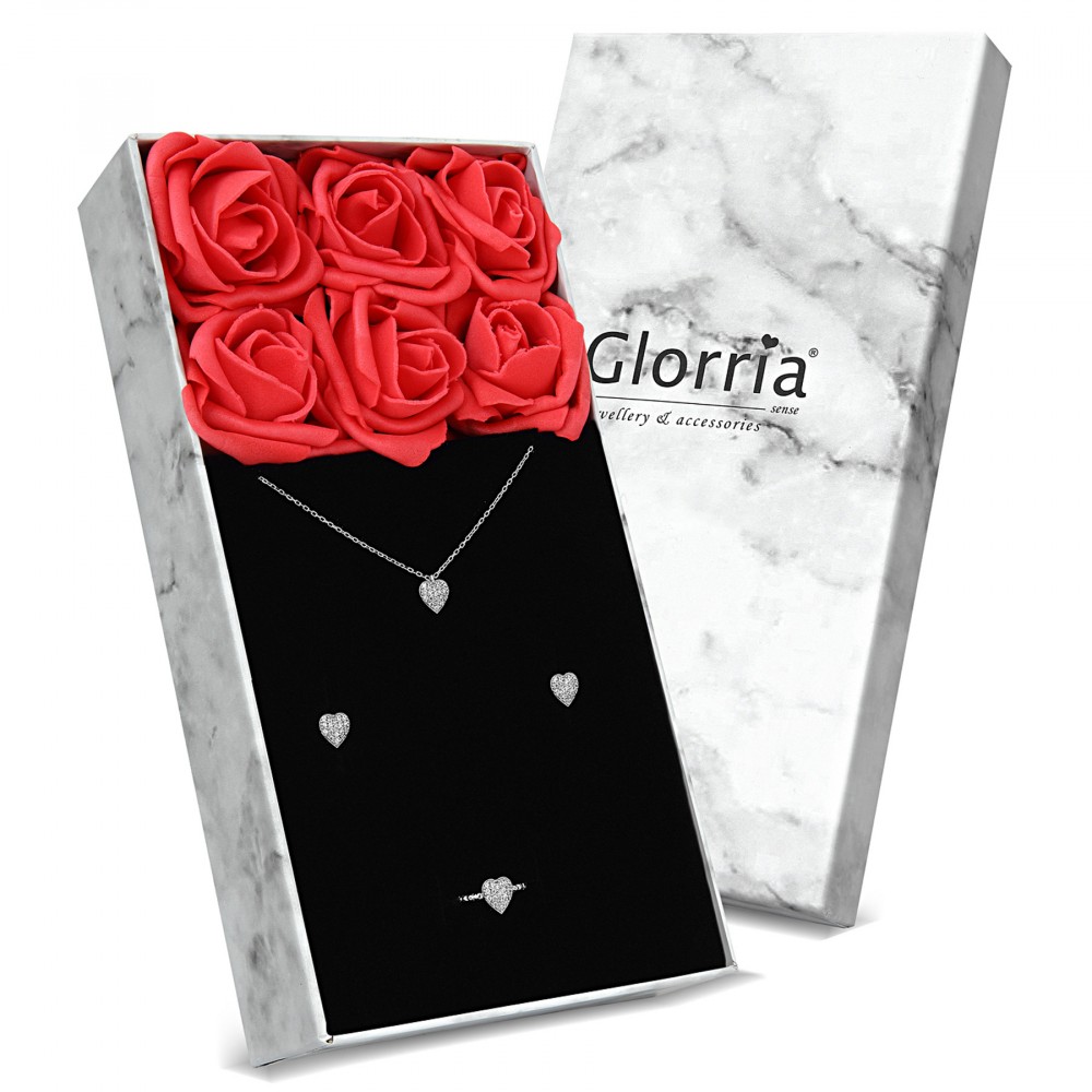 Glorria 925k Sterling Silver Heart Anthracite Necklace, Earring, Ring, Flower Gift Set